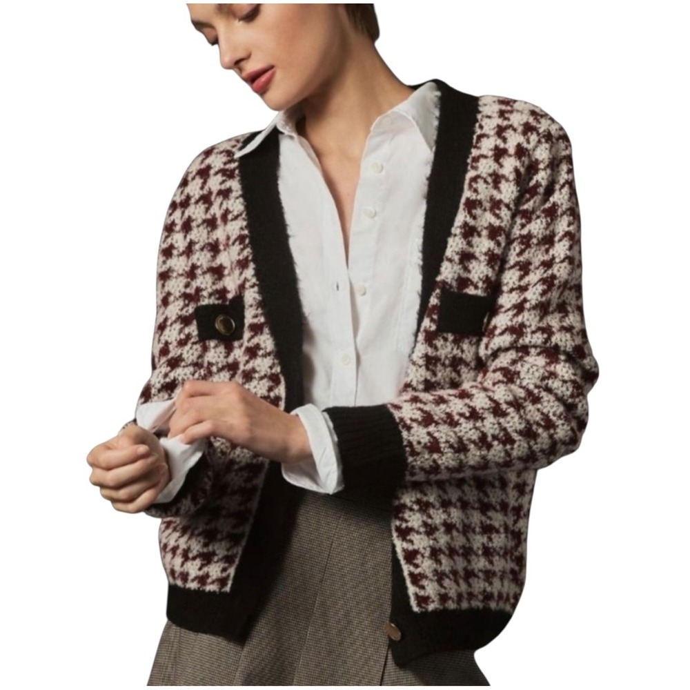 Maeve by‎ Anthropologie Houndstooth Cardigan Black Burgundy Gold Button Small